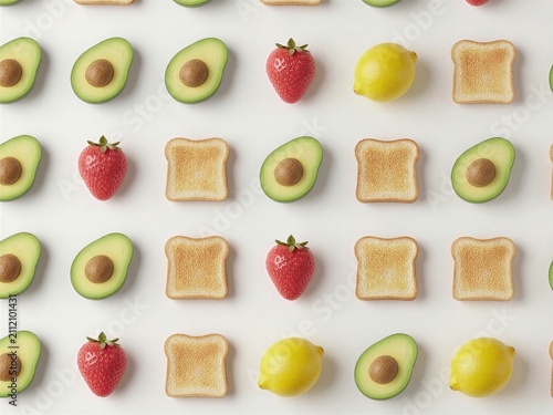 Healthy breakfast ingredients flatlay pattern on white background