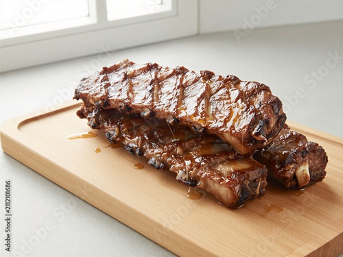 Glazed BBQ pork ribs stacked on wooden cutting board by bright window