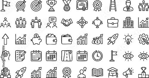 Business growth and strategic planning hand drawn vector icon collection with business, strategy