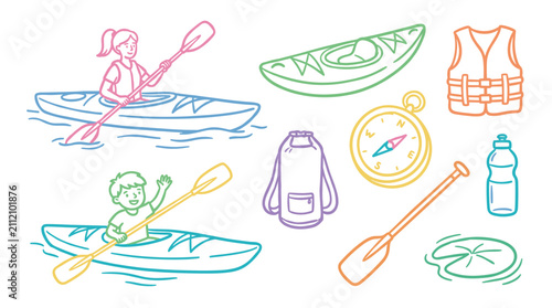 Children adults kayaking outdoor adventure gear illustrations set featuring various water sports equipment and happy people enjoying nature activities.