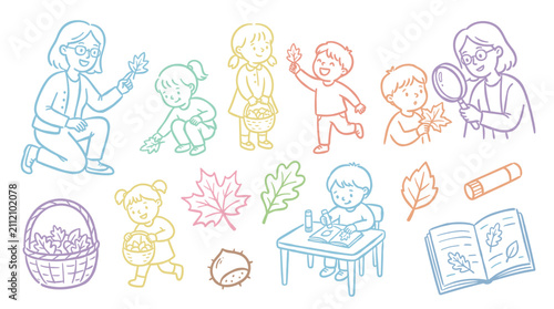 Children adults autumn leaves learning activities exploring nature and crafting with various fall elements in a playful, educational line art illustration.