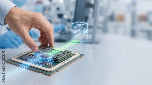 AI Upstream Broadening - A bare hand places the final chiplet on an advanced semiconductor package, completing connections for AI server activation.