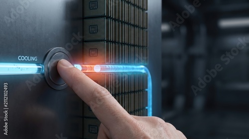 AI Upstream Broadening - A human hand initiates cooling in a dense AI processor stack, minimizing heat and optimizing sustained artificial intelligence performance.