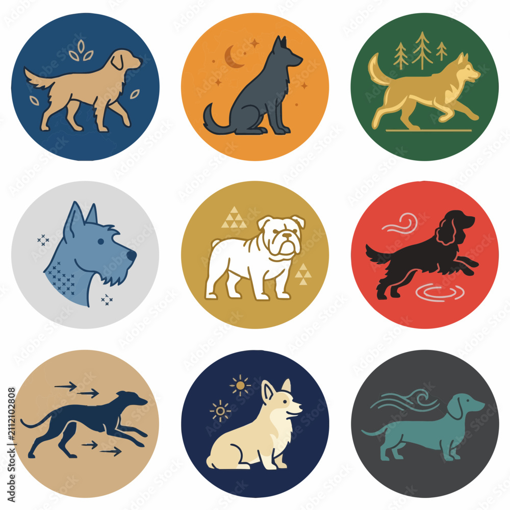 Obraz premium Set of nine dog breed icons in circular vector frames