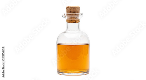 Картината върху платно Clear glass bottle with amber liquid and cork stopper on white background