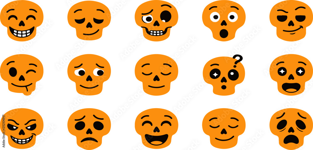 Fototapeta premium Set of cute orange halloween skull emojis with various facial expressions and emotions isolated on a white background