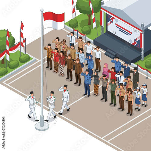 Isometric flag hoisting ceremony with indonesian citizens and students ceremony indonesia hoisting students officials national patriotic community citizens