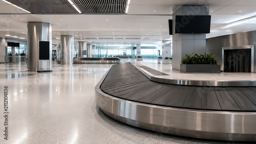 Empty baggage claim area in a modern airport terminal with shiny floors and conveyor belt