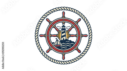 Quadro su tela Nautical Emblem with Ship Wheel and Anchor Design.