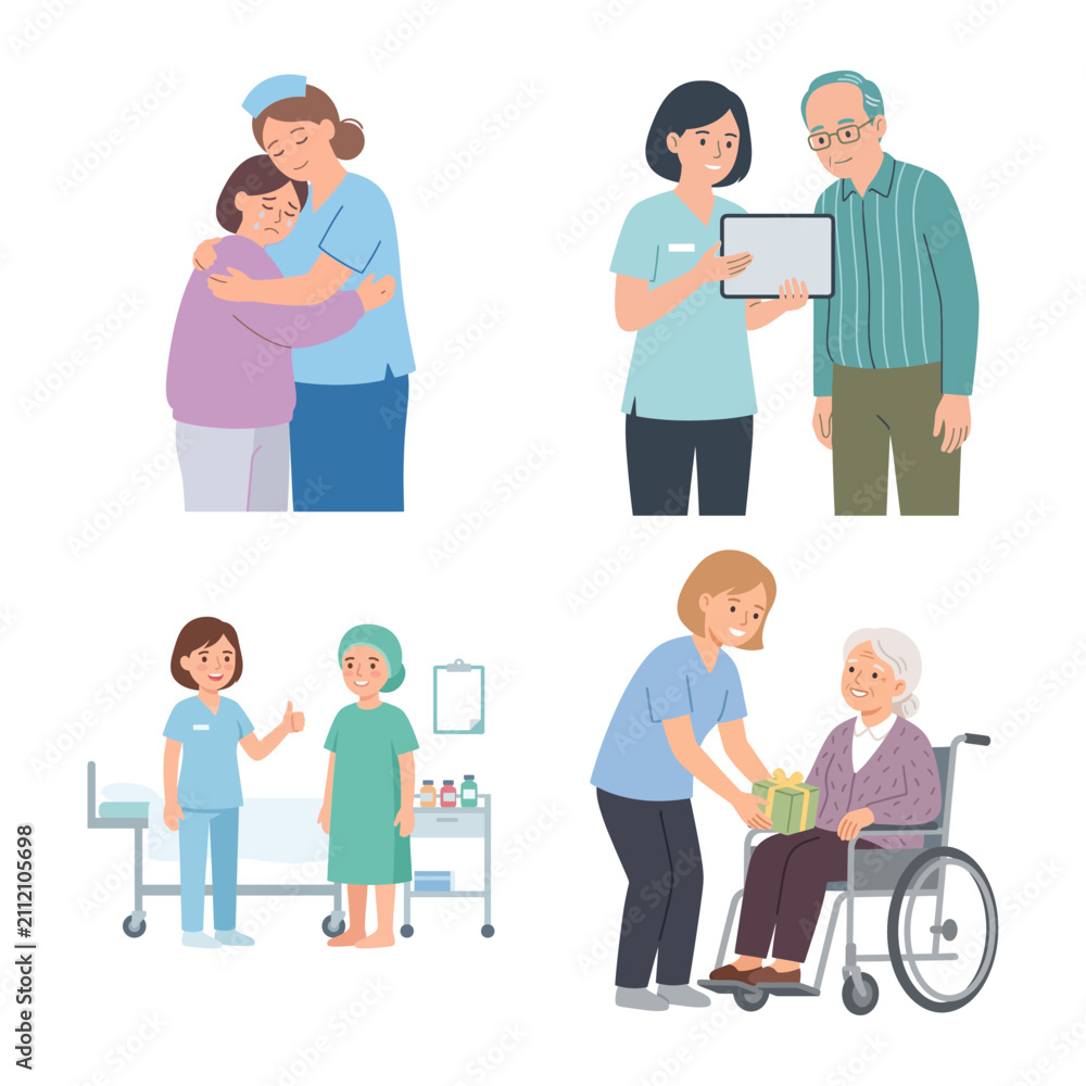 Obraz premium Nursing Care and Medical Assistance Vector Illustration Set with Patients and Healthcare Staff