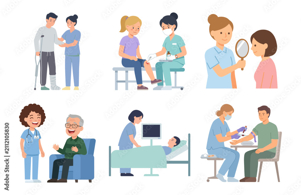 Fototapeta premium Healthcare professionals and medical care concept illustrations set with nurses and patients