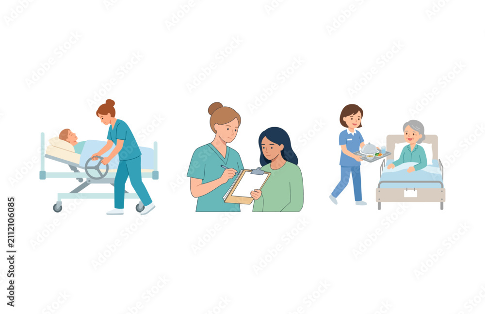 Fototapeta premium Healthcare workers caring for patients in hospital rooms and consulting with visitors