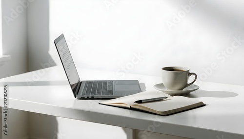 Laptop, open notebook with pen, and coffee cup on white desk