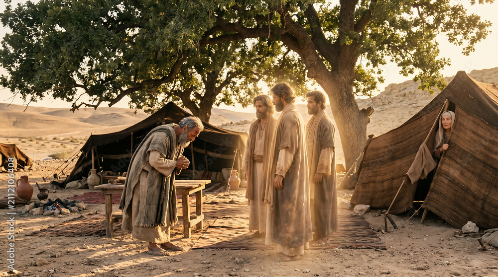 Fototapeta premium Three mysterious men (angels) visiting Abraham and Sarah by the oaks of Mamre to announce the birth of Isaac