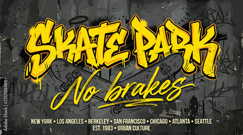 Urban graffiti skate park illustration, yellow street art typography with skateboard, edgy underground culture vector graphic