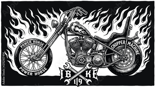 Quadro su tela Vintage chopper motorcycle vector illustration, custom biker machine with fire f