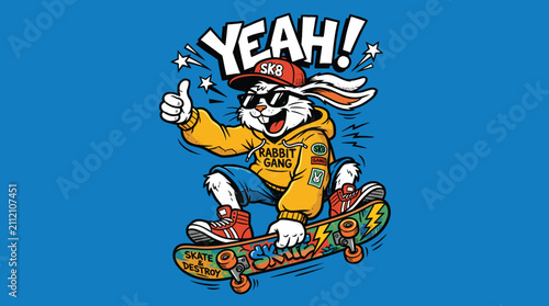 Obraz na płótnie Retro cartoon rabbit on skateboard vector illustration, cool bunny character in