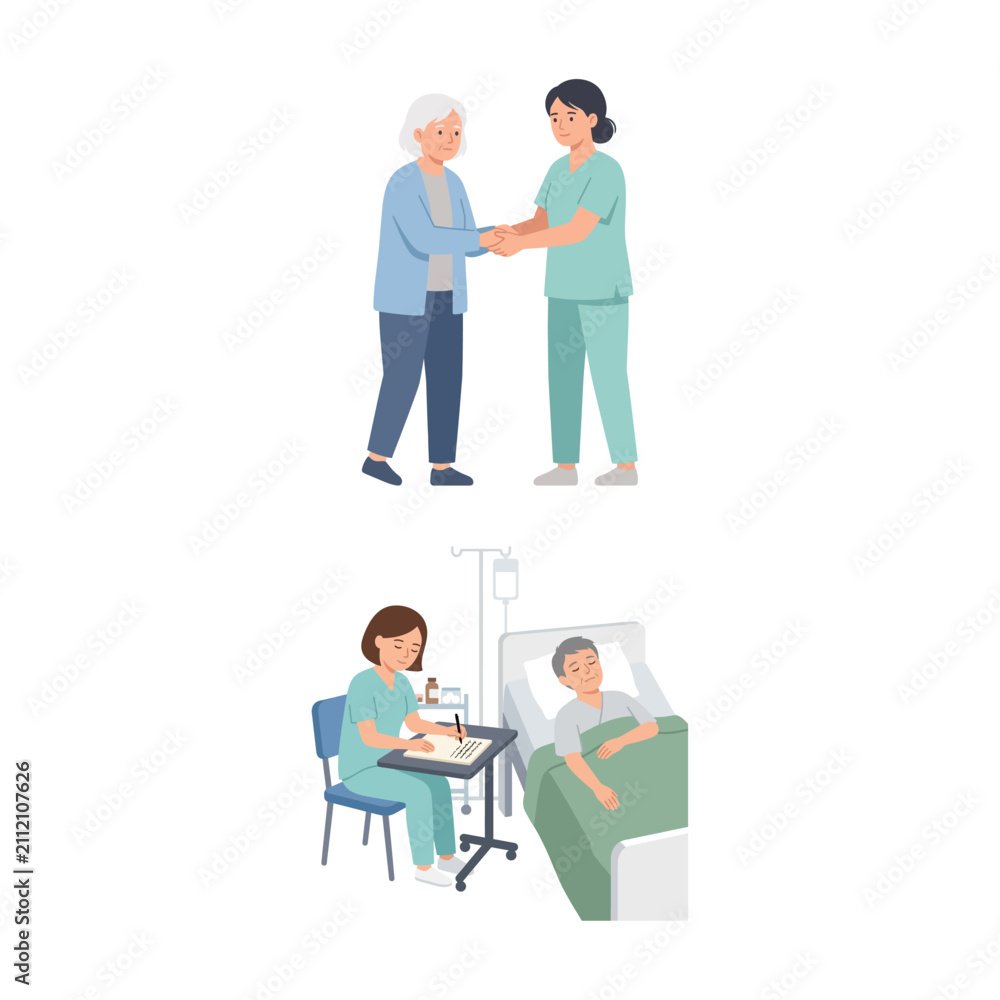 Obraz premium Healthcare workers caring for elderly patients in a hospital and rehabilitation center
