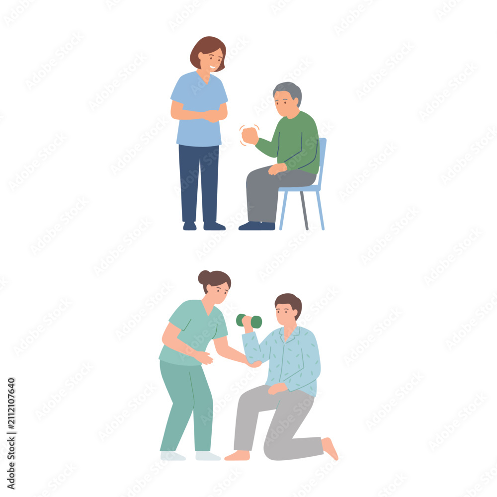 Fototapeta premium Physical therapy vector illustration with senior patient exercising and recovering