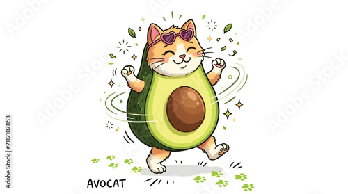 Obraz na płótnie Kawaii avocado cat vector illustration, cute ginger kitten wearing avocado costu