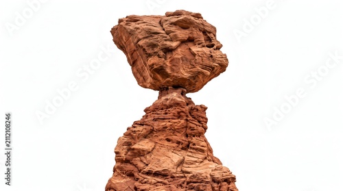 Unique red sandstone balancing rock formation against white background