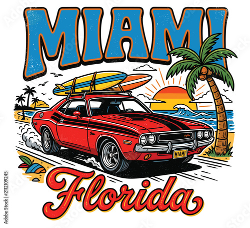 Vintage Miami Florida surf illustration, retro red muscle car with surfboards on beach, tropical summer vacation vector graphic