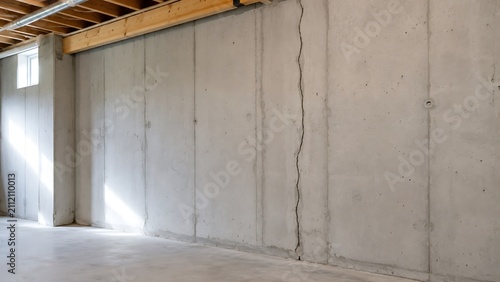 A vertical crack in a residential concrete basement wall showing signs of structural foundation damage and settling