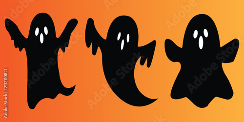 Foto Three black ghost silhouettes with white eyes on an orange and yellow gradient background