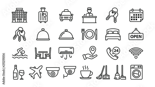 Hotel service icons set for travel and hospitality industry use