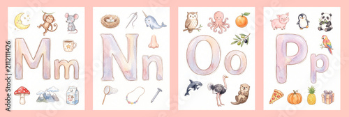Watercolor Alphabet Letters M N O P Flashcards and Poster Set with Cute Animals and Objects for Nursery Decor, Kids Learning, and Children Education