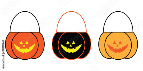 Obraz na płótnie Three halloween pumpkin buckets in different colors for trick or treating at night