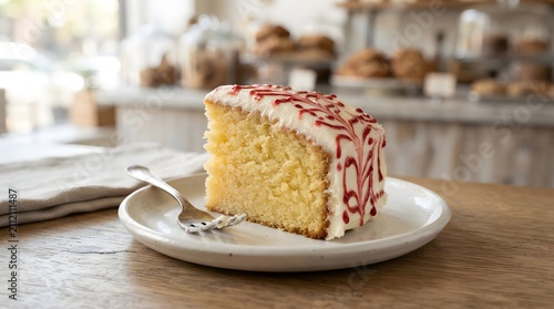 Slice of vanilla cake on a plate. Sweet dessert served in a cozy bakery cafe.