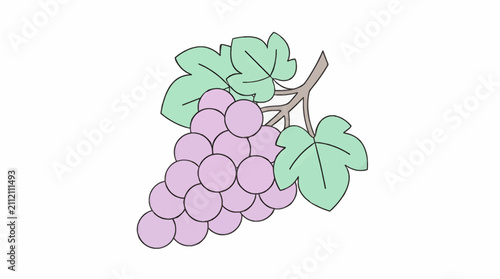 Quadro su tela Cute Stylized Bunch of Purple Grapes with Green Leaves on a Branch, Simple Flat
