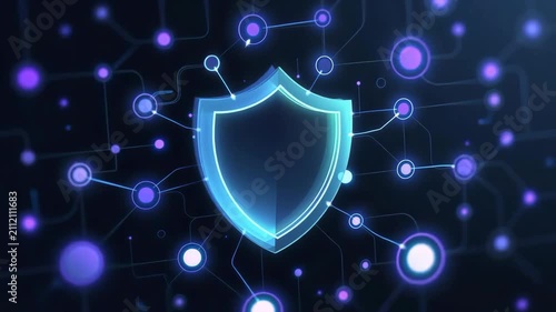 Glowing shield symbol on dark tech backdrop in neon style showing cybersecurity concept and data protection