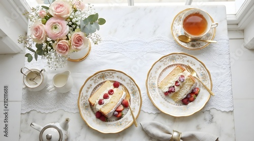 Slices of strawberry cake on vintage plates. Afternoon tea setting with fresh flowers.