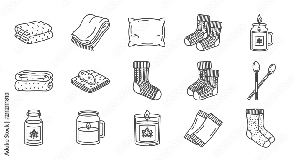 Fototapeta premium Cozy autumn home comfort icons with knit socks blankets and candles