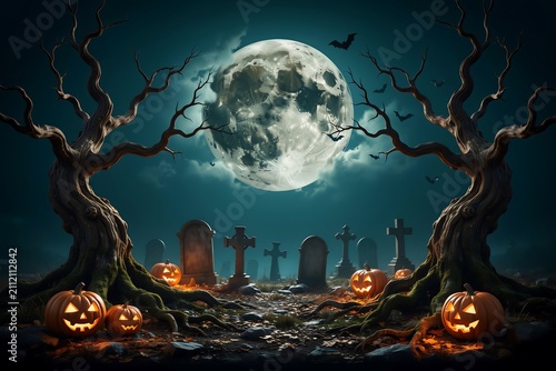 Spooky Halloween Night Background with Carved Jack O Lantern Pumpkin and Full Moon