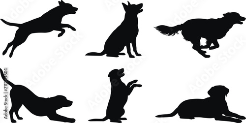 Obraz na płótnie Collection of various dog poses featuring active and resting animals in a black