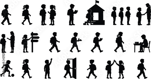 Set of School Children Vector Silhouettes Depicting Students Carrying Backpacks Walking and Daily School Activities