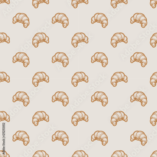 Vintage Croissant Engraving Seamless Pattern. Minimalist french bakery repeat pattern with hand drawn croissants on light beige background for bakery wallpaper, packaging, and textile.