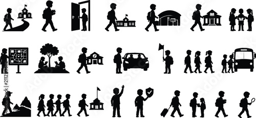 Bild auf Leinwand Set of School Children Vector Silhouettes Depicting Students Walking to School T