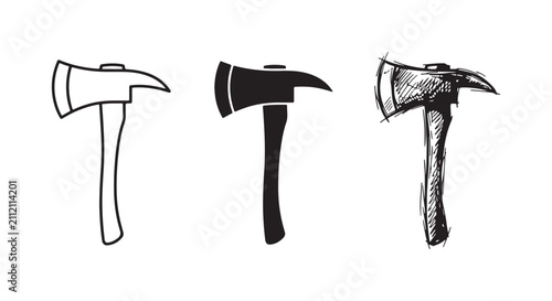 Fotografía Collection of three firefighter axe icons with a medium-length handle, depicted in outline, silhouette, and hand-drawn sketch styles
