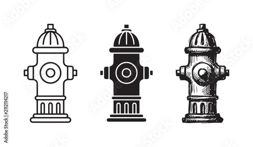 Fire hydrant icons in outline, solid, and hand-drawn sketch styles, illustrating a crucial piece of urban fire safety infrastructure.