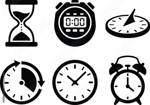 Slika na platnu Collection of various timekeeping devices and clock icons presented in a bold bl