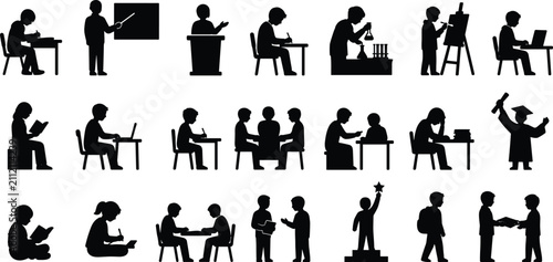 Set of School Student Silhouettes Engaged in Reading Studying Science Graduation and Classroom Learning Activities