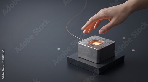 Human hand reaching toward futuristic metallic cube device glowing with soft warm interior light with minimalist grey background center against minimalist