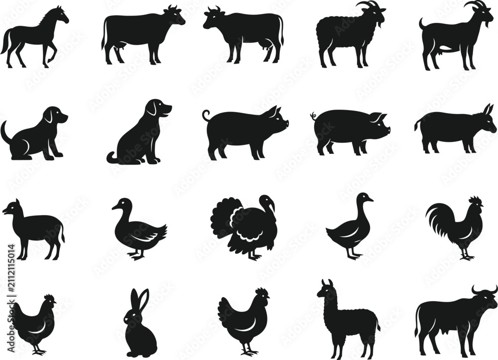 Fototapeta premium Collection of black and white farm animals silhouettes isolated on transparent background