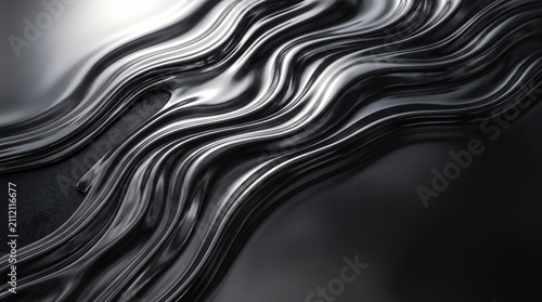 Dark liquid chrome abstract background with molten silver waves and metallic reflections. Luxury commercial texture with copy space for fintech, music and premium brand advertising.
