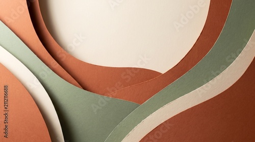 Layered paper cut abstract background in terracotta and sage tones with handcrafted texture and copy space. Warm editorial design for eco brands, publishing and presentations.