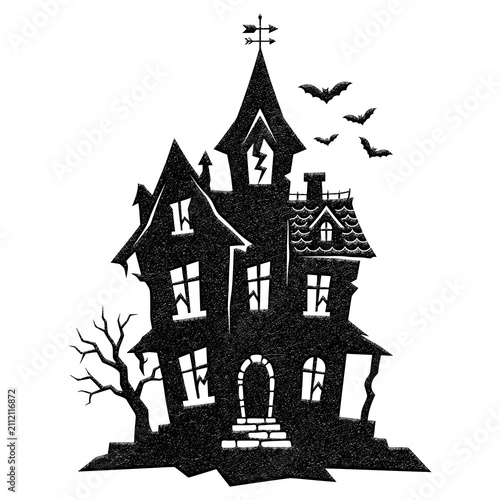 Quadro su tela Spooky haunted house silhouette, gothic Halloween mansion with bats and bare tre